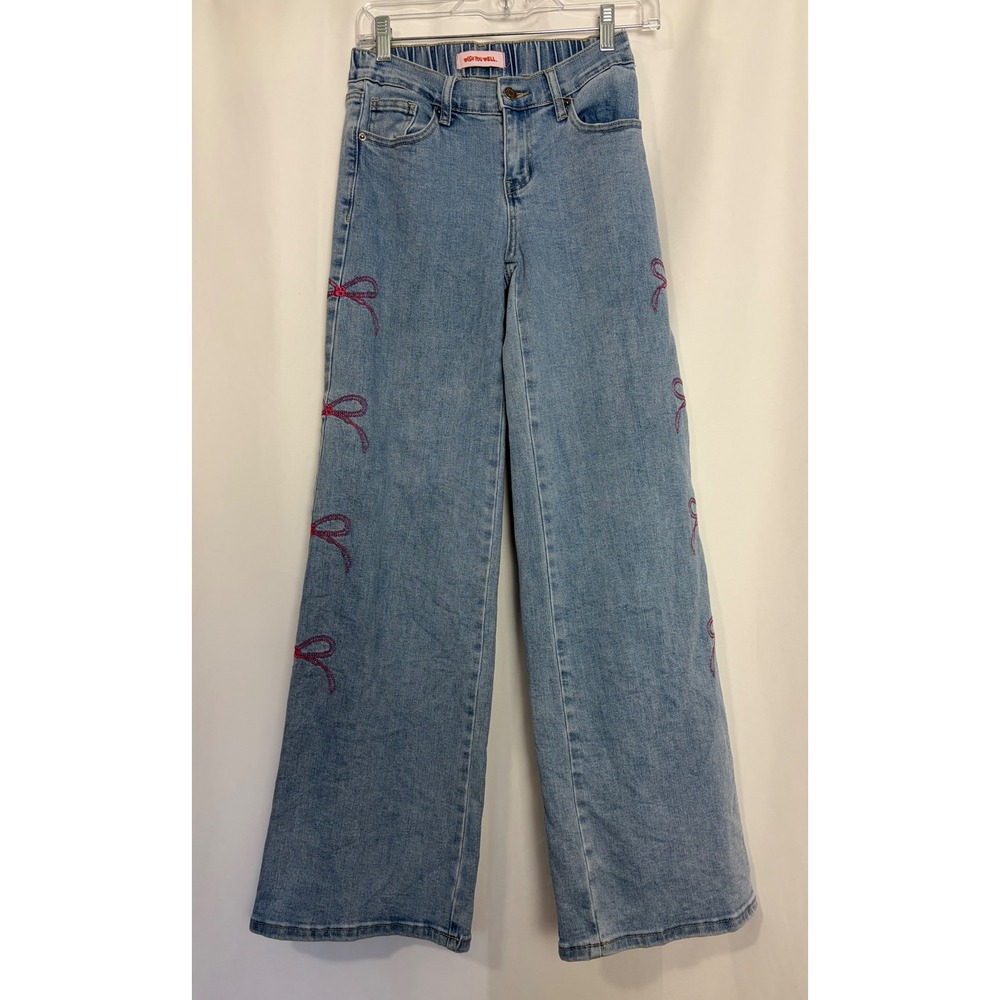 Wide Leg Jeans Pink Embroidered Bows Size 3 Coquette Soft Girl Women Light Wash